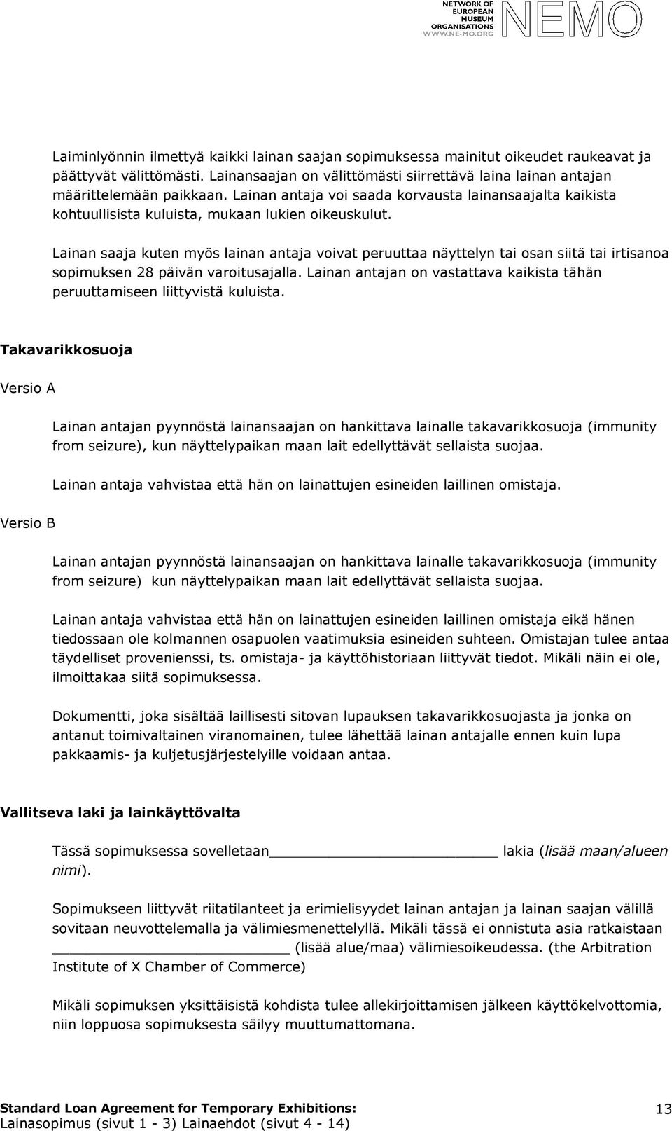 Lainan saaja kuten myös lainan antaja voivat peruuttaa näyttelyn tai osan siitä tai irtisanoa sopimuksen 28 päivän varoitusajalla.