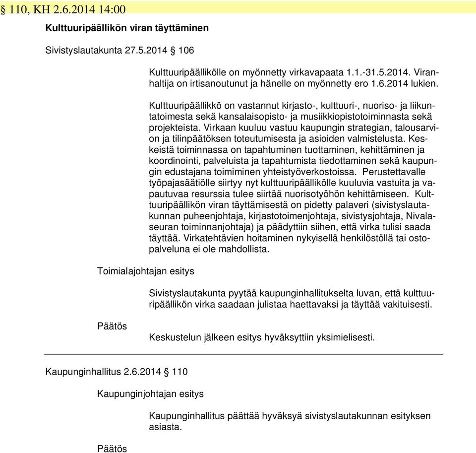 Virkaan kuuluu vastuu kaupungin strategian, talousarvion ja tilinpäätöksen toteutumisesta ja asioiden valmistelusta.