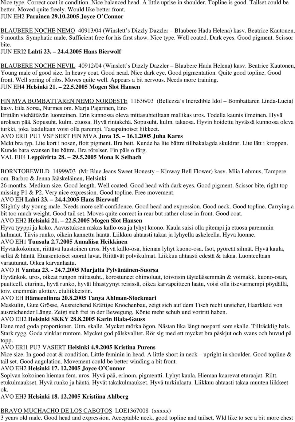 Well coated. Dark eyes. Good pigment. Scissor bite. JUN ERI2 Lahti 23. 24.4.2005 Hans Bierwolf BLAUBERE NOCHE NEVIL 40912/04 (Winslett s Dizzly Dazzler Blaubere Hada Helena) kasv.