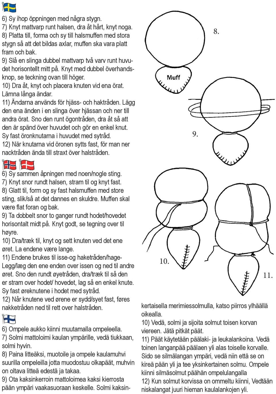 Knyt med dubbel överhandsknop, se teckning ovan till höger. 10) Dra åt, knyt och placera knuten vid ena örat. Lämna långa ändar. 11) Ändarna används för hjäss- och haktråden.