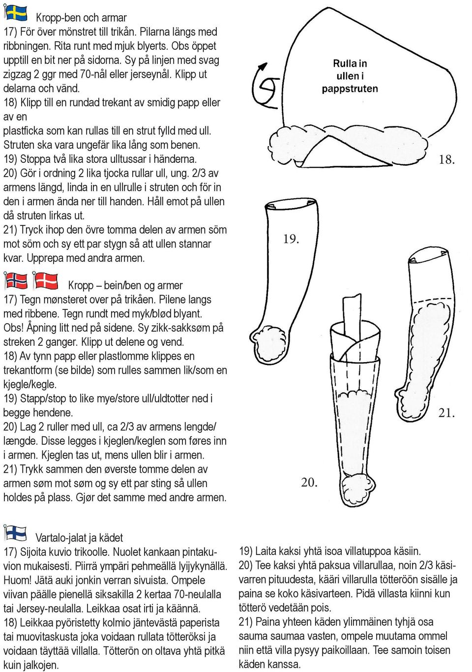 18) Klipp till en rundad trekant av smidig papp eller av en plastficka som kan rullas till en strut fylld med ull. Struten ska vara ungefär lika lång som benen.