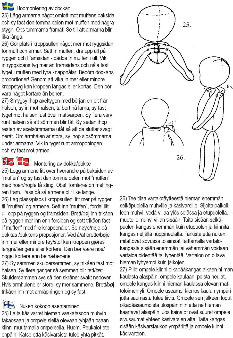 Vik in ryggsidans tyg mer än framsidans och nåla fast tyget i muffen med fyra knappnålar. Bedöm dockans proportioner! Genom att vika in mer eller mindre kroppstyg kan kroppen längas eller kortas.