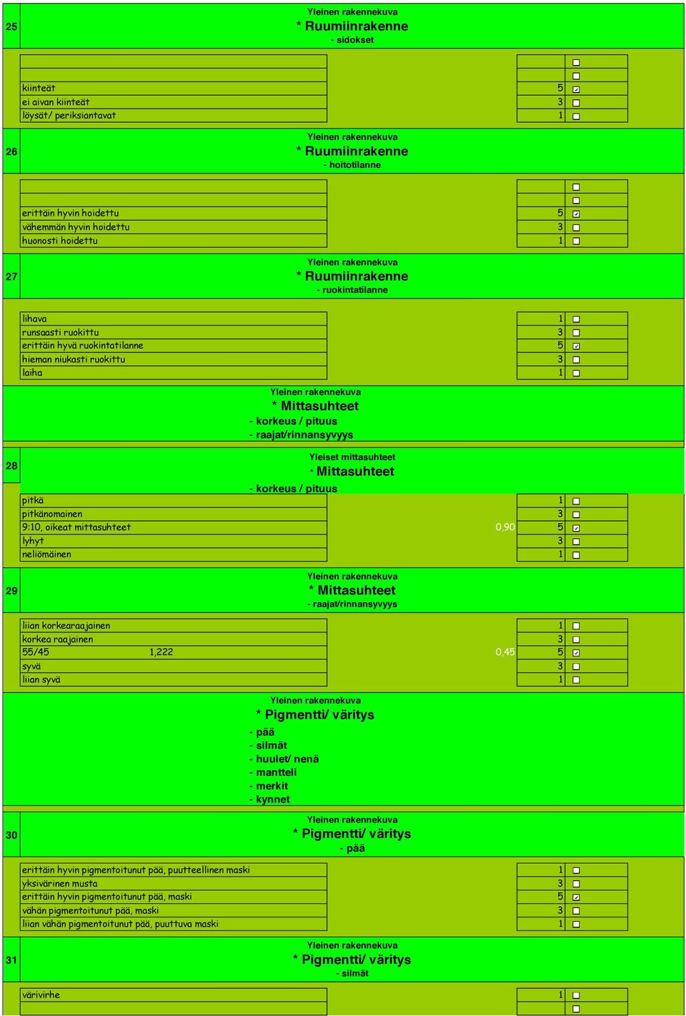 * Mittasuhteet - korkeus / pituus pitkä 0,90 pitkänomainen 0,90 9:0, oikeat mittasuhteet 0,90 lyhyt 0,90 neliömäinen 0,90 29 * Mittasuhteet - raajat/rinnansyvyys liian korkearaajainen 0,4 korkea