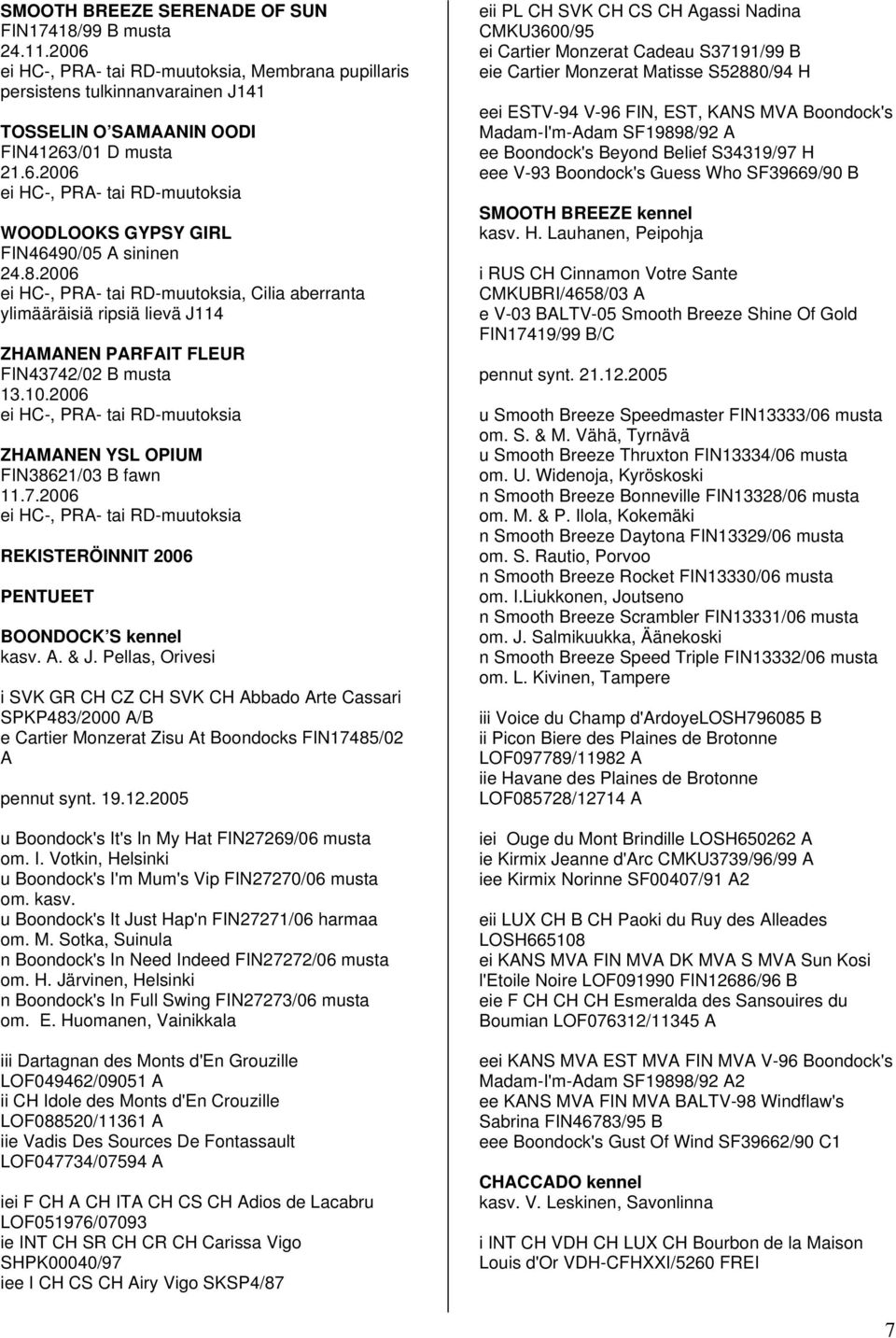 2006 ei HC-, PRA- tai RD-muutoksia ZHAMANEN YSL OPIUM FIN38621/03 B fawn 11.7.2006 ei HC-, PRA- tai RD-muutoksia REKISTERÖINNIT 2006 PENTUEET BOONDOCK S kennel kasv. A. & J.