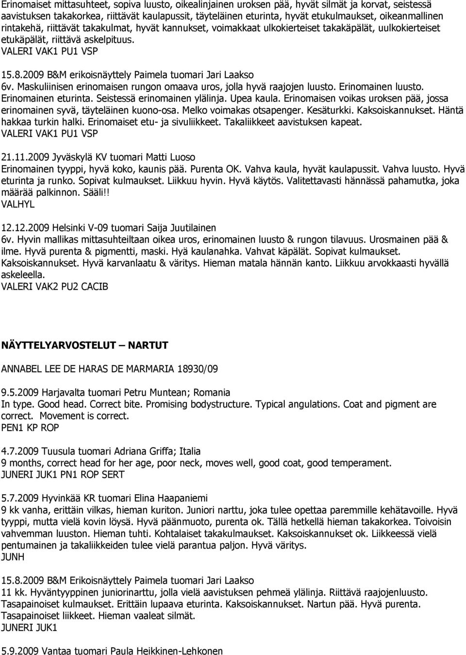 2009 B&M erikoisnäyttely Paimela tuomari Jari Laakso 6v. Maskuliinisen erinomaisen rungon omaava uros, jolla hyvä raajojen luusto. Erinomainen luusto. Erinomainen eturinta.