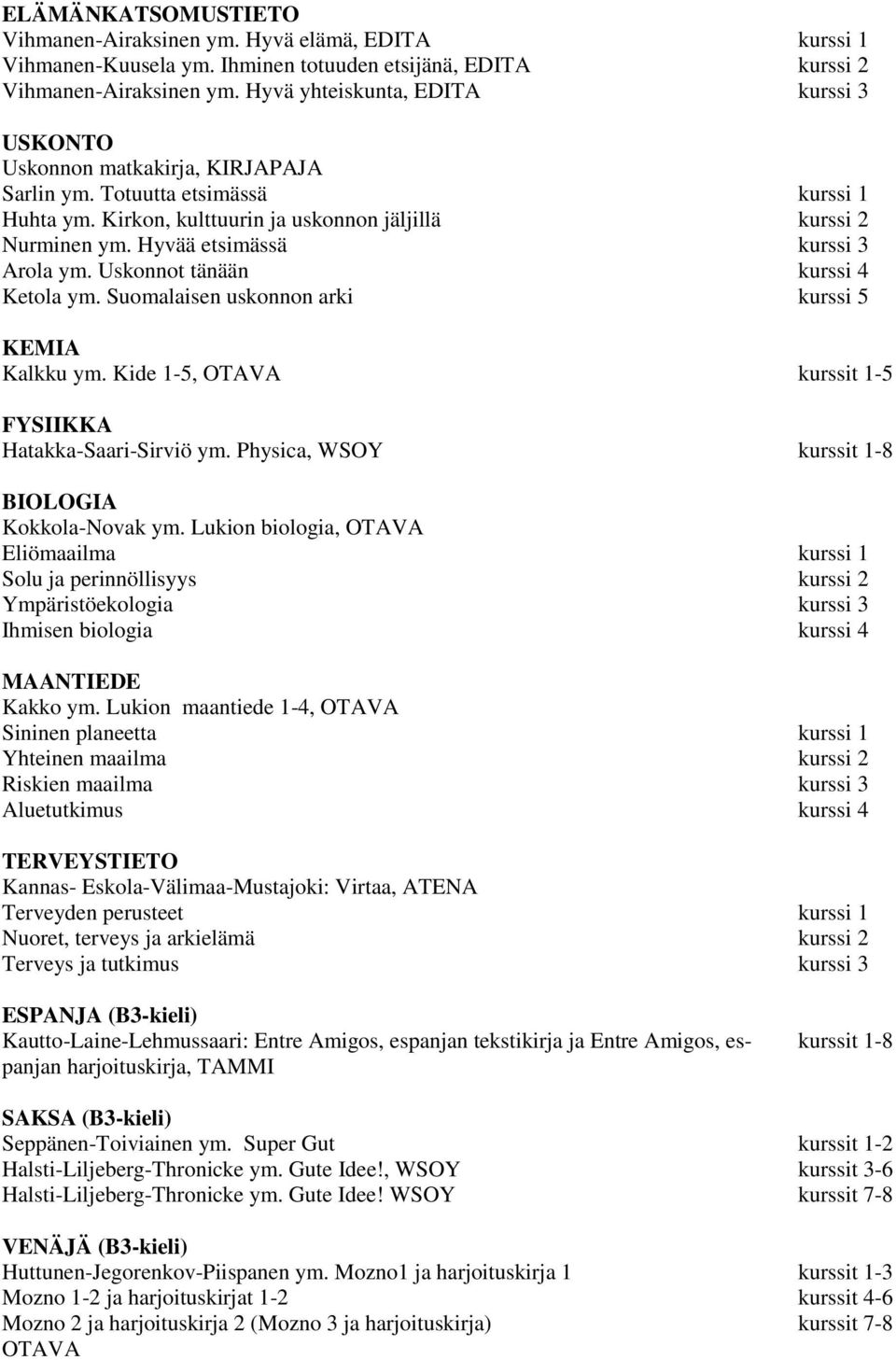 Hyvää etsimässä kurssi 3 Arola ym. Uskonnot tänään kurssi 4 Ketola ym. Suomalaisen uskonnon arki kurssi 5 KEMIA Kalkku ym. Kide 1-5, OTAVA kurssit 1-5 FYSIIKKA Hatakka-Saari-Sirviö ym.