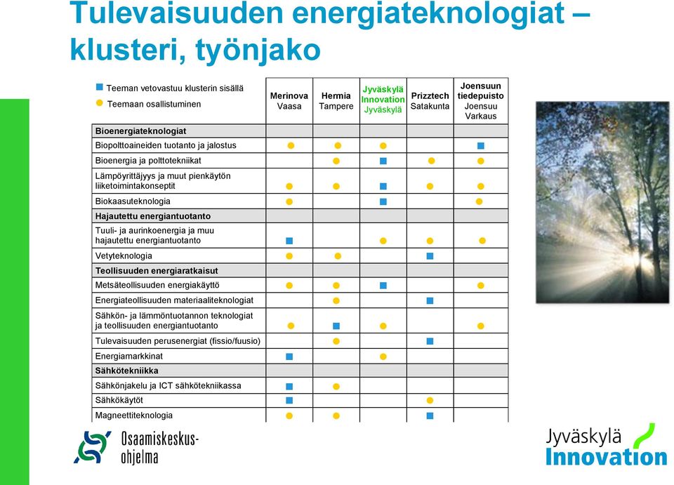 Biokaasuteknologia Hajautettu energiantuotanto Tuuli- ja aurinkoenergia ja muu hajautettu energiantuotanto Vetyteknologia Teollisuuden energiaratkaisut Metsäteollisuuden energiakäyttö