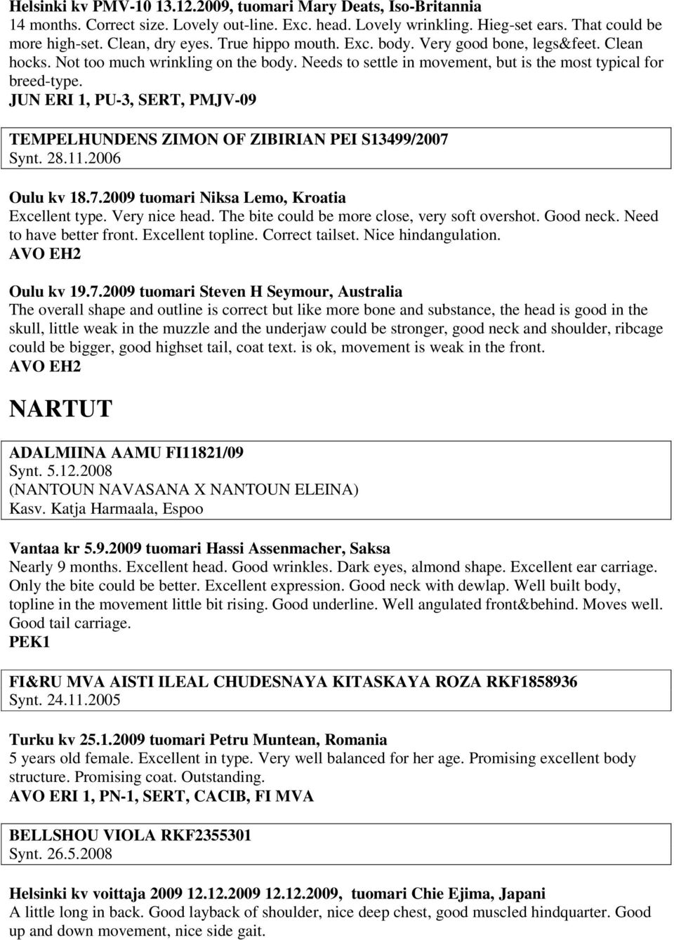 JUN ERI 1, PU-3, SERT, PMJV-09 TEMPELHUNDENS ZIMON OF ZIBIRIAN PEI S13499/2007 Synt. 28.11.2006 Oulu kv 18.7.2009 tuomari Niksa Lemo, Kroatia Excellent type. Very nice head.