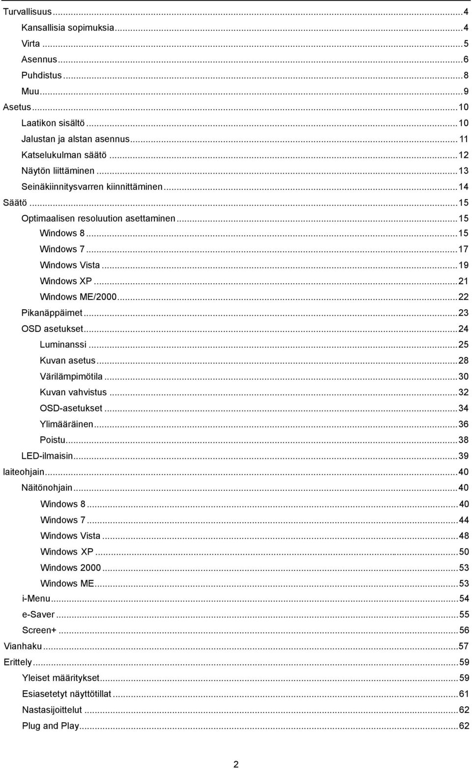 .. 21 Windows ME/2000... 22 Pikanäppäimet... 23 OSD asetukset... 24 Luminanssi... 25 Kuvan asetus... 28 Värilämpimötila... 30 Kuvan vahvistus... 32 OSD-asetukset... 34 Ylimääräinen... 36 Poistu.