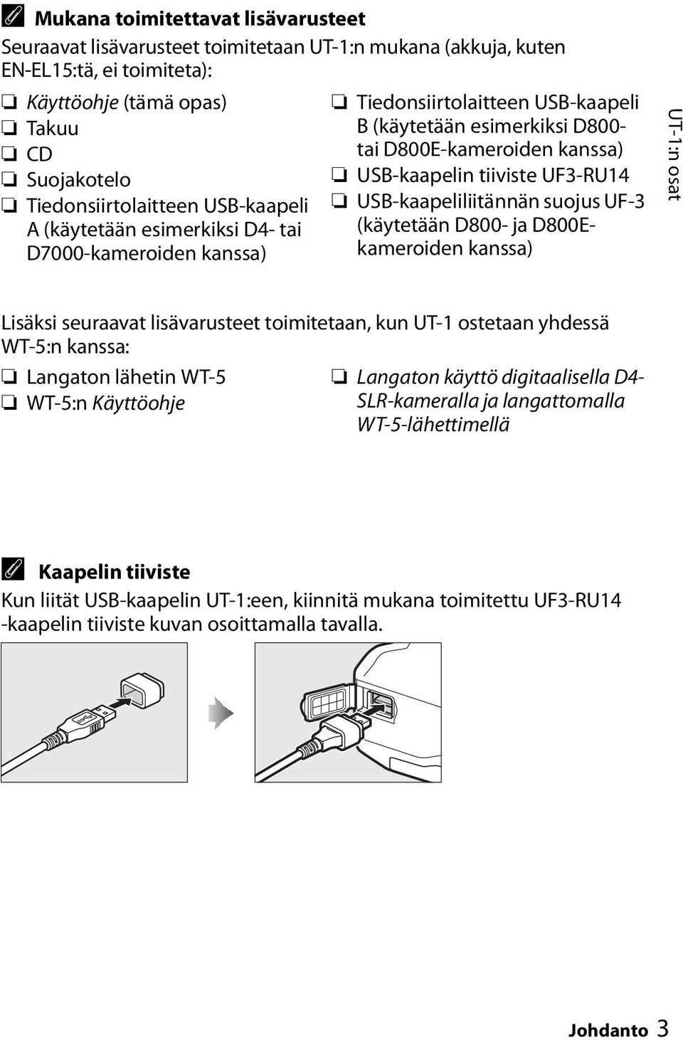 USB-kaapeliliitännän suojus UF-3 (käytetään D800- ja D800Ekameroiden kanssa) UT-1:n osat Lisäksi seuraavat lisävarusteet toimitetaan, kun UT-1 ostetaan yhdessä WT-5:n kanssa: Langaton lähetin WT-5