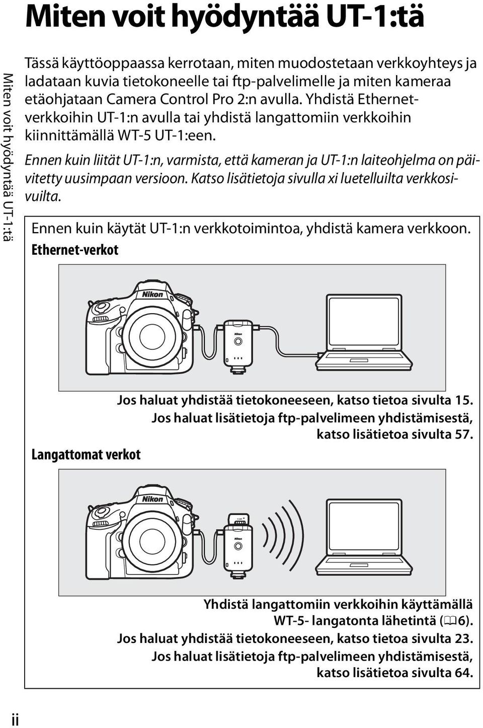 Ennen kuin liität UT-1:n, varmista, että kameran ja UT-1:n laiteohjelma on päivitetty uusimpaan versioon. Katso lisätietoja sivulla xi luetelluilta verkkosivuilta.