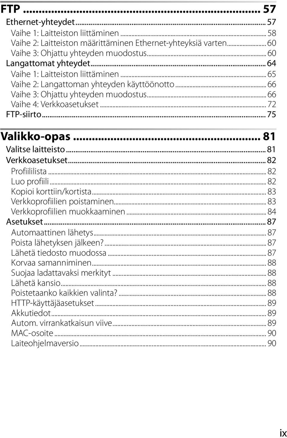 .. 72 FTP-siirto... 75 Valikko-opas... 81 Valitse laitteisto... 81 Verkkoasetukset... 82 Profiililista... 82 Luo profiili... 82 Kopioi korttiin/kortista... 83 Verkkoprofiilien poistaminen.