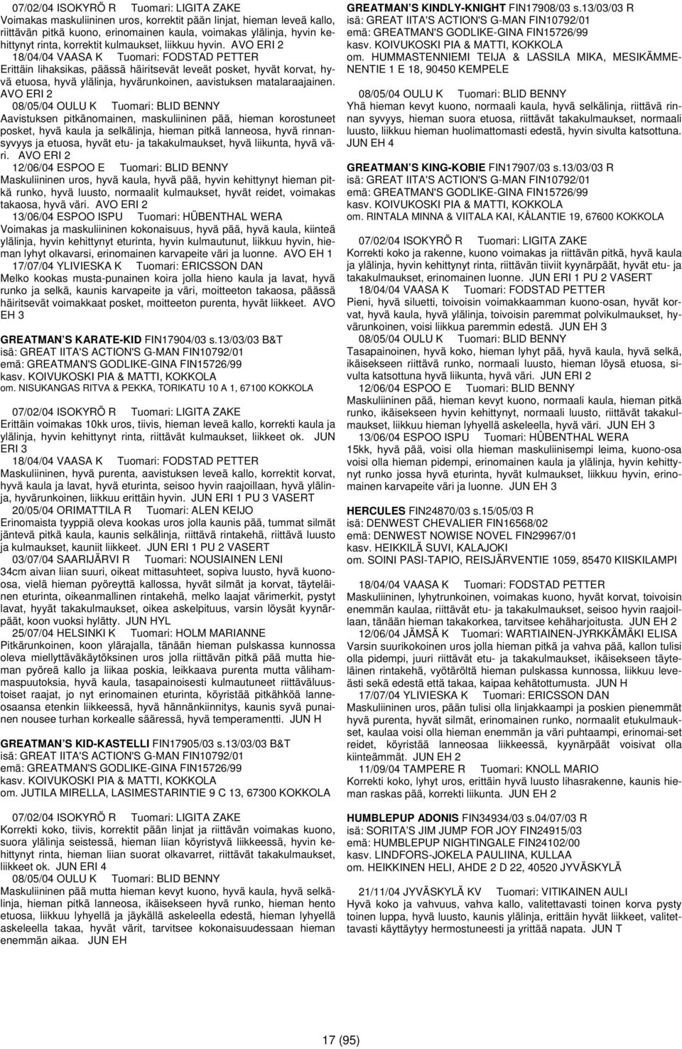 AVO ERI 2 18/04/04 VAASA K Tuomari: FODSTAD PETTER Erittäin lihaksikas, päässä häiritsevät leveät posket, hyvät korvat, hyvä etuosa, hyvä ylälinja, hyvärunkoinen, aavistuksen matalaraajainen.