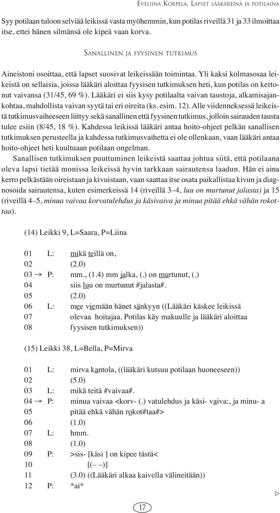 Yli kaksi kolmasosaa leikeistä on sellaisia, joissa lääkäri aloittaa fyysisen tutkimuksen heti, kun potilas on kertonut vaivansa (31/45, 69 %).