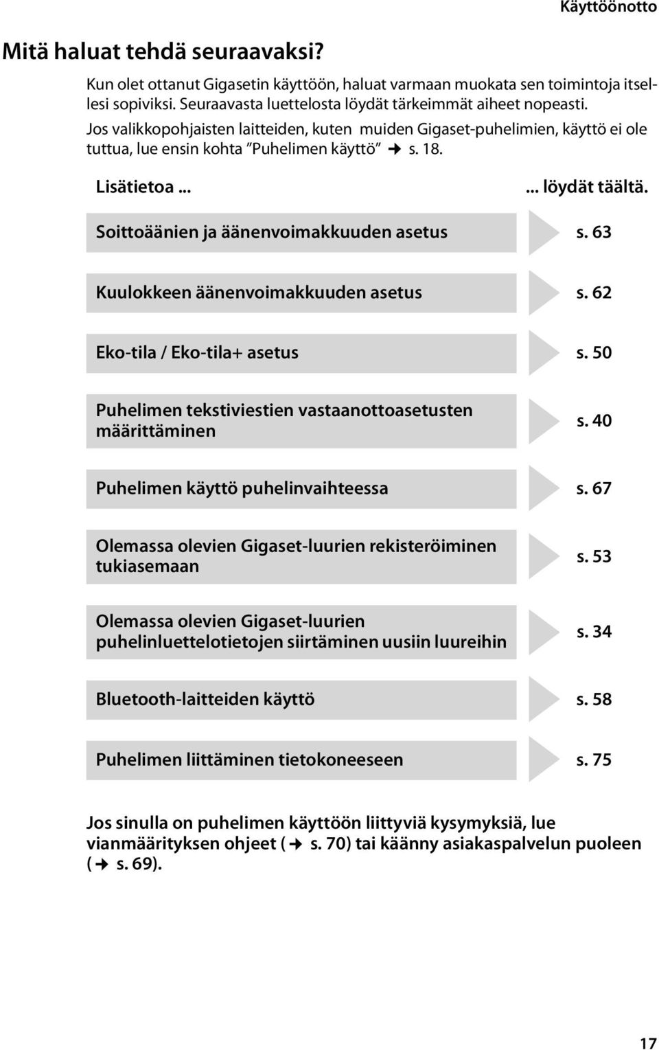 Soittoäänien ja äänenvoimakkuuden asetus s. 63 Kuulokkeen äänenvoimakkuuden asetus s. 62 Eko-tila / Eko-tila+ asetus s. 50 Puhelimen tekstiviestien vastaanottoasetusten määrittäminen s.