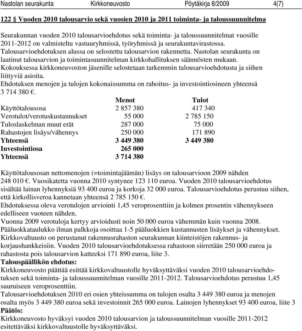 Nastolan seurakunta on laatinut talousarvion ja toimintasuunnitelman kirkkohallituksen säännösten mukaan.