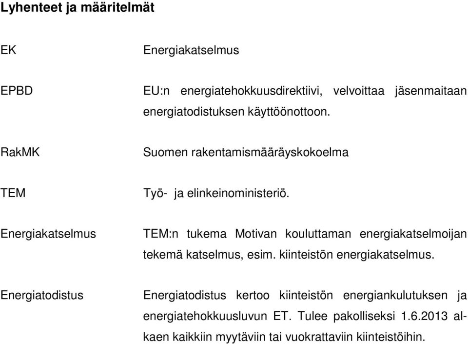 Energiakatselmus TEM:n tukema Motivan kouluttaman energiakatselmoijan tekemä katselmus, esim. kiinteistön energiakatselmus.