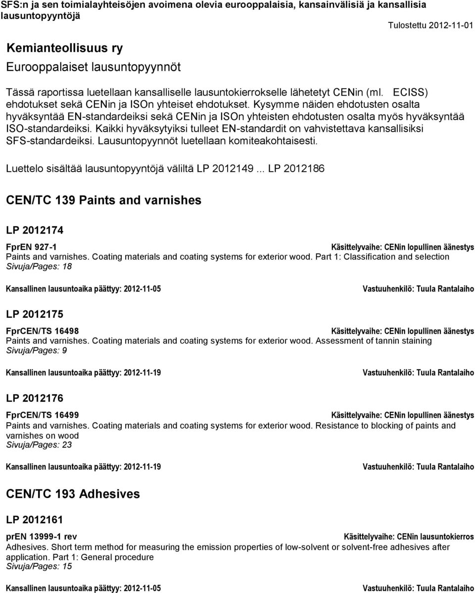 Kaikki hyväksytyiksi tulleet EN-standardit on vahvistettava kansallisiksi SFS-standardeiksi. Lausuntopyynnöt luetellaan komiteakohtaisesti. Luettelo sisältää väliltä LP 2012149.