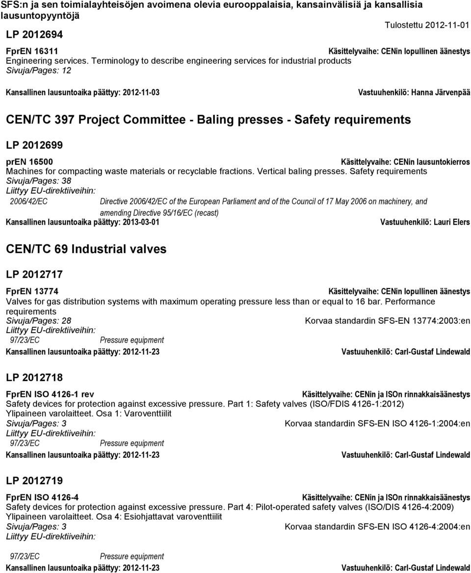 presses - Safety requirements LP 2012699 pren 16500 Machines for compacting waste materials or recyclable fractions. Vertical baling presses.