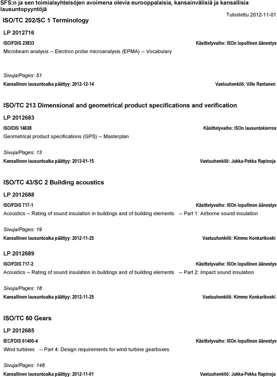 specifications (GPS) -- Masterplan Sivuja/Pages: 13 Kansallinen lausuntoaika päättyy: 2013-01-15 Vastuuhenkilö: Jukka-Pekka Rapinoja ISO/TC 43/SC 2 Building acoustics LP 2012688 ISO/FDIS 717-1