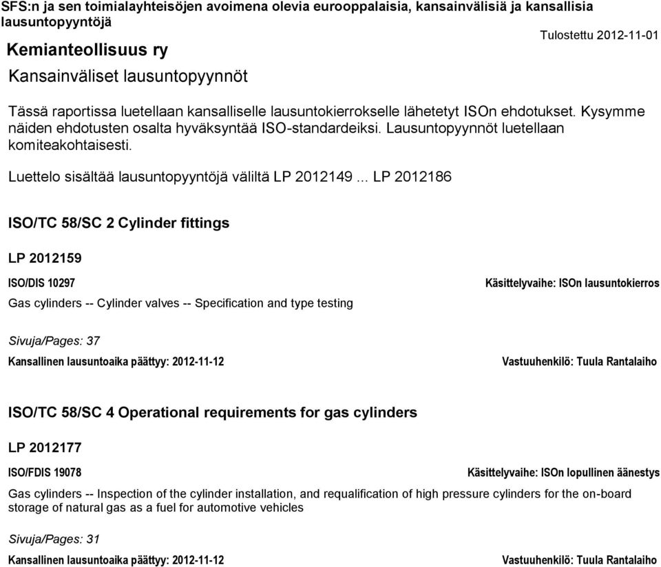 .. LP 2012186 ISO/TC 58/SC 2 Cylinder fittings LP 2012159 ISO/DIS 10297 Gas cylinders -- Cylinder valves -- Specification and type testing 7 Kansallinen lausuntoaika päättyy: 2012-11-12