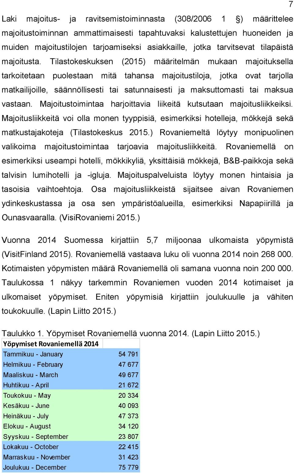 Tilastokeskuksen (2015) määritelmän mukaan majoituksella tarkoitetaan puolestaan mitä tahansa majoitustiloja, jotka ovat tarjolla matkailijoille, säännöllisesti tai satunnaisesti ja maksuttomasti tai