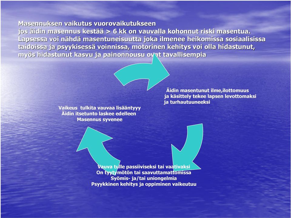 hidastunut kasvu ja painonnousu ovat tavallisempia Vaikeus tulkita vauvaa lisääntyyy Äidin itsetunto laskee edelleen Masennus syvenee Äidin masentunut