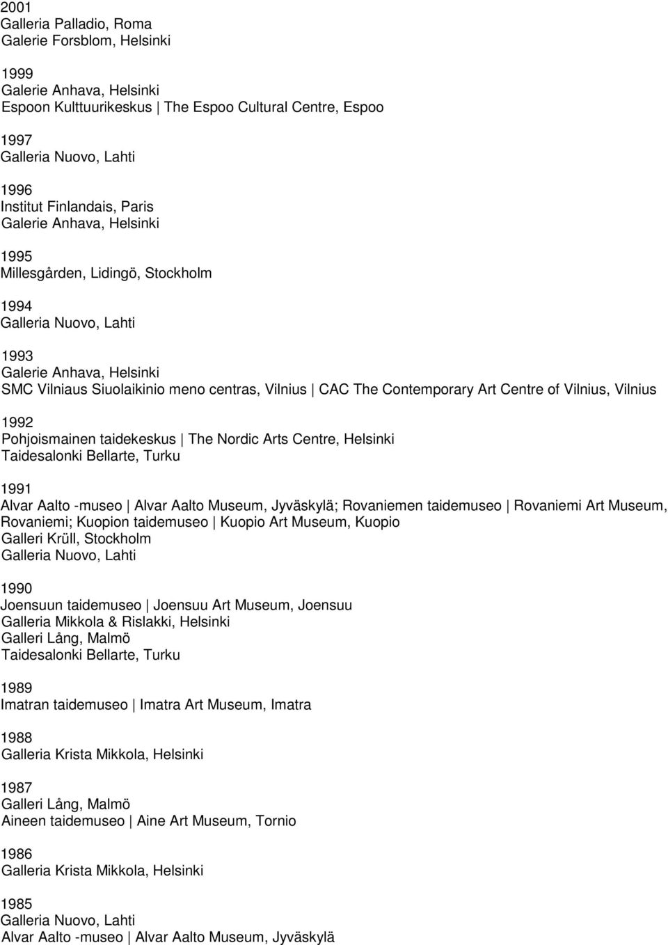 Pohjoismainen taidekeskus The Nordic Arts Centre, Helsinki Taidesalonki Bellarte, Turku 1991 Alvar Aalto -museo Alvar Aalto Museum, Jyväskylä; Rovaniemen taidemuseo Rovaniemi Art Museum, Rovaniemi;