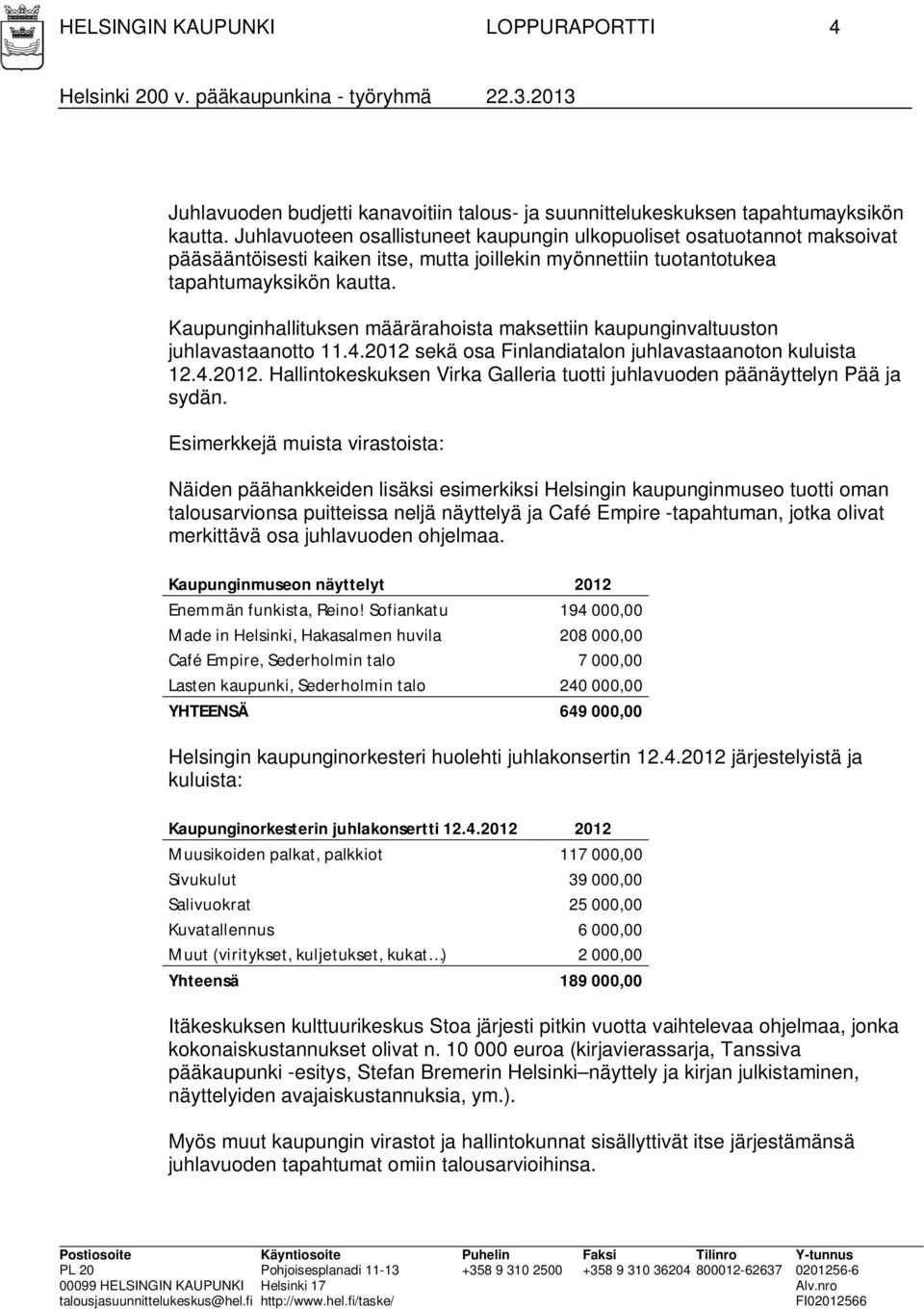 Kaupunginhallituksen määrärahoista maksettiin kaupunginvaltuuston juhlavastaanotto 11.4.2012 sekä osa Finlandiatalon juhlavastaanoton kuluista 12.4.2012. Hallintokeskuksen Virka Galleria tuotti juhlavuoden päänäyttelyn Pää ja sydän.