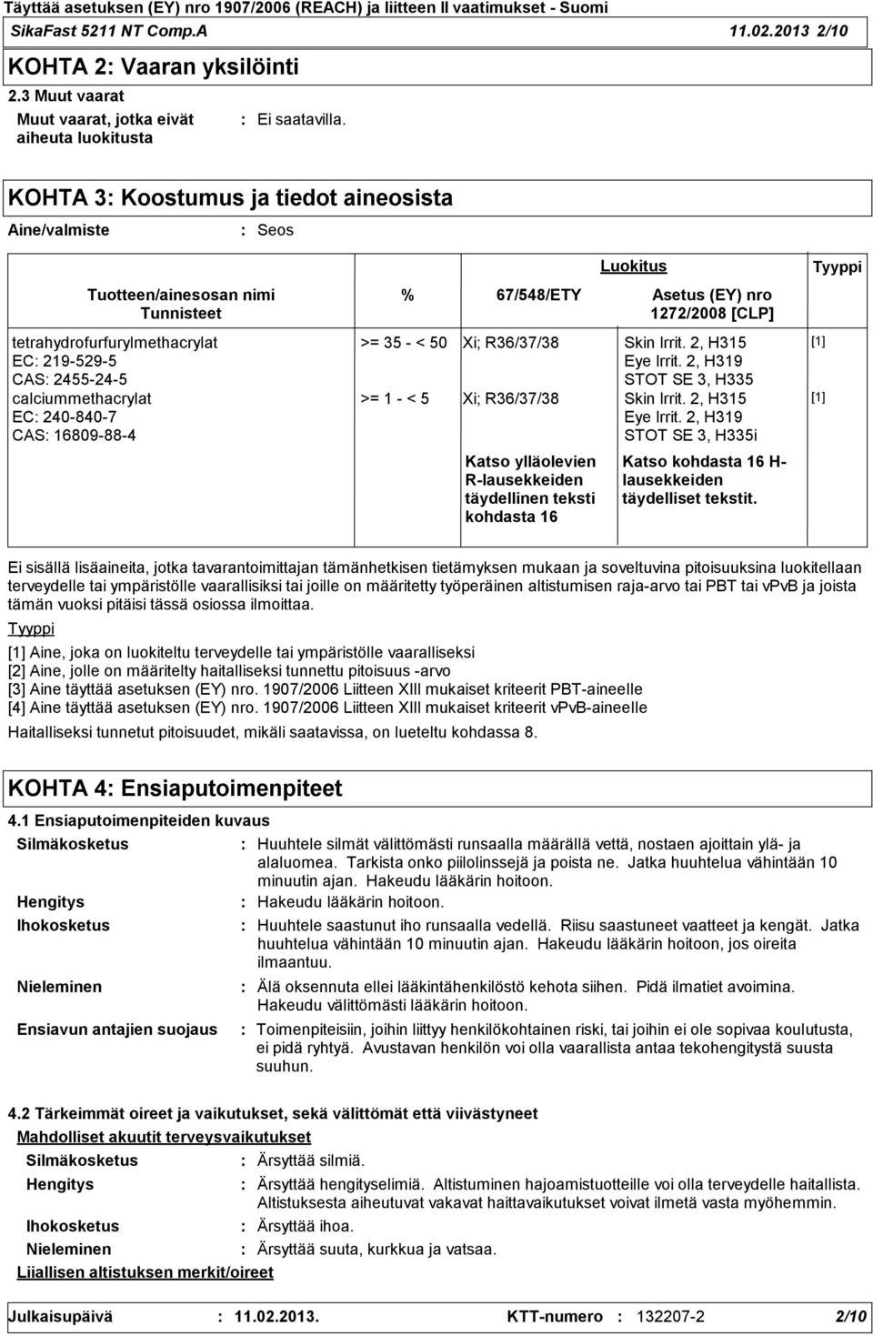 2455245 calciummethacrylat EC 2408407 CAS 16809884 % 67/548/ETY >= 35 < 50 Xi; R36/37/38 Skin Irrit. 2, H315 Eye Irrit.