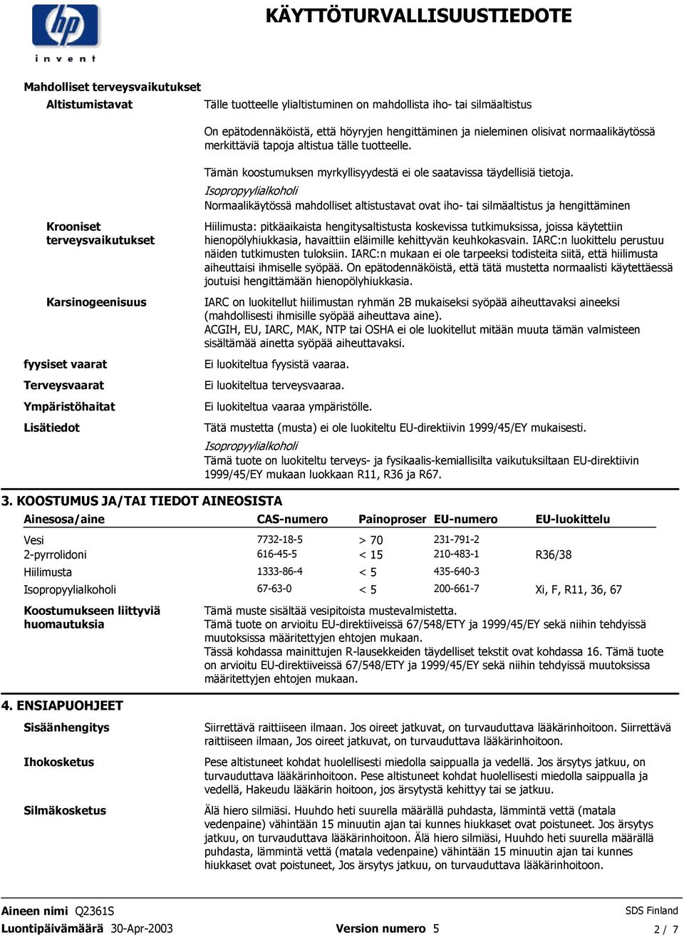 ole saatavissa täydellisiä tietoja Normaalikäytössä mahdolliset altistustavat ovat iho- tai silmäaltistus ja hengittäminen Hiilimusta: pitkäaikaista hengitysaltistusta koskevissa tutkimuksissa,