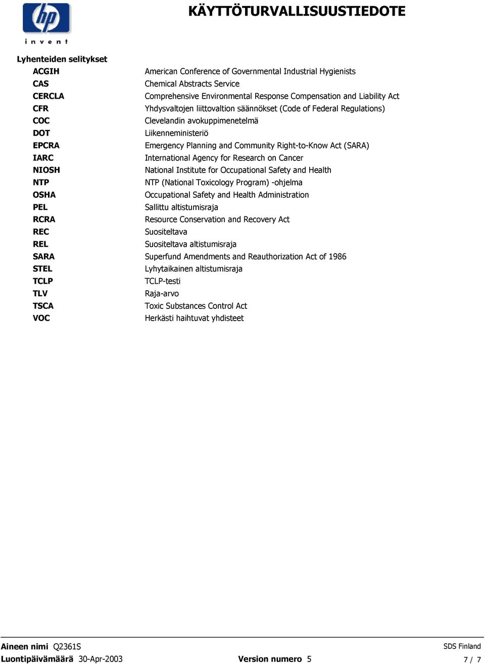 Emergency Planning and Community Right-to-Know Act (SARA) International Agency for Research on Cancer National Institute for Occupational Safety and Health NTP (National Toxicology Program) -ohjelma