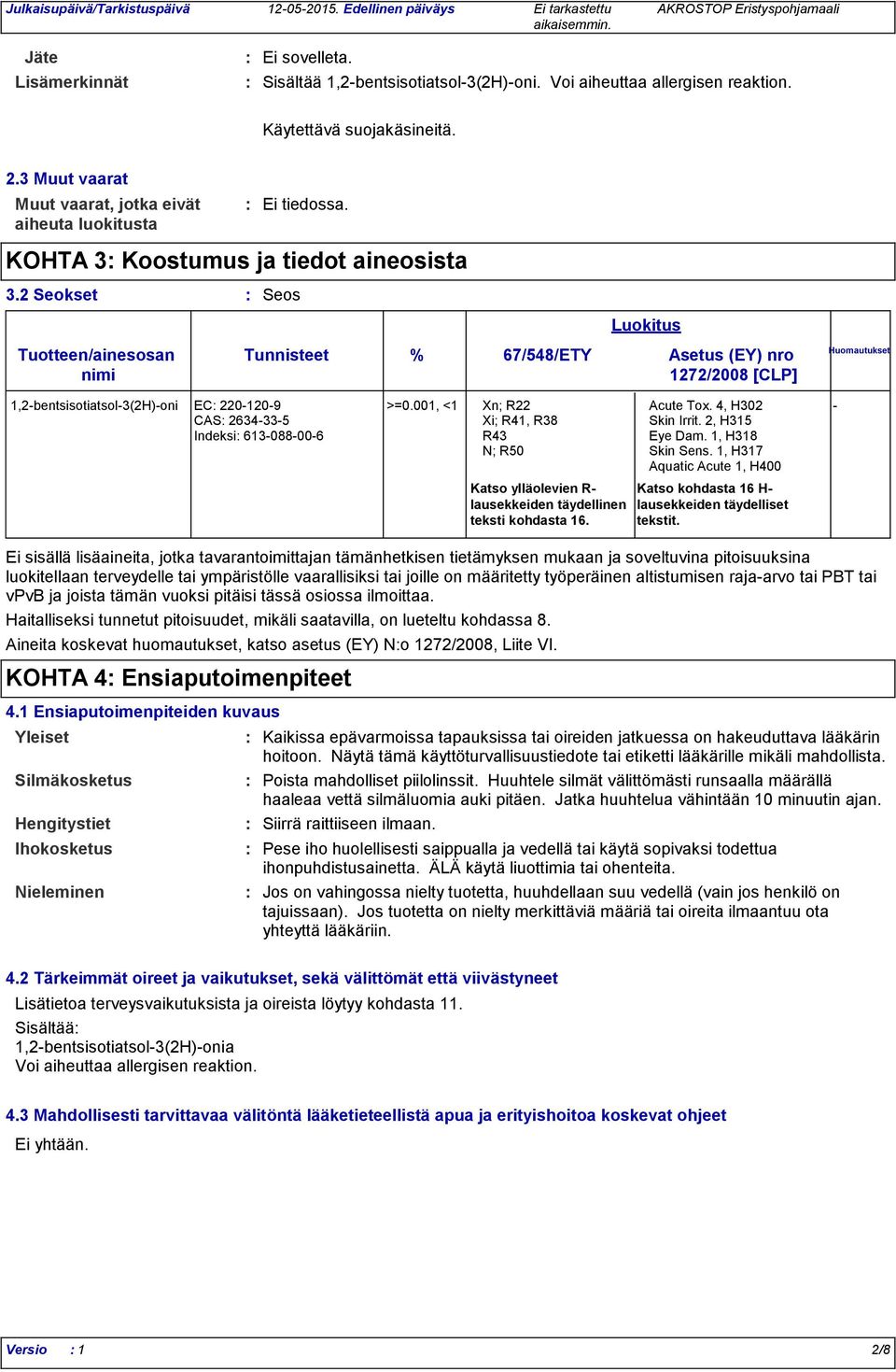 2 Seokset Seos Tunnisteet Luokitus % 67/548/ETY Asetus (EY) nro 1272/2008 [CLP] Huomautukset 1,2bentsisotiatsol3(2H)oni EC 2201209 >=0.001, <1 Xn; R22 Acute Tox.