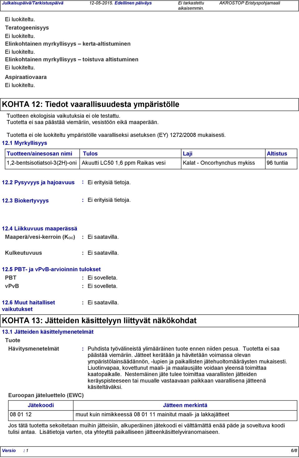 ekologisia vaikutuksia ei ole testattu. Tuotetta ei saa päästää viemäriin, vesistöön eikä maaperään. Tuotetta ei ole luokiteltu ympäristölle vaaralliseksi asetuksen (EY) 127