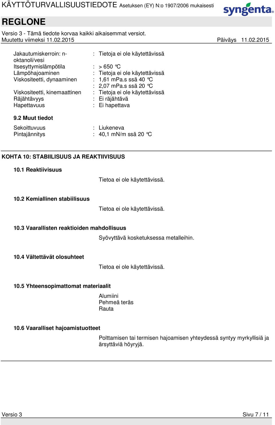 2 Muut tiedot Sekoittuvuus : Liukeneva Pintajännitys : 40,1 mn/m ssä 20 C KOHTA 10: STABIILISUUS JA REAKTIIVISUUS 10.1 Reaktiivisuus Tietoa ei ole käytettävissä. 10.2 Kemiallinen stabiilisuus Tietoa ei ole käytettävissä.