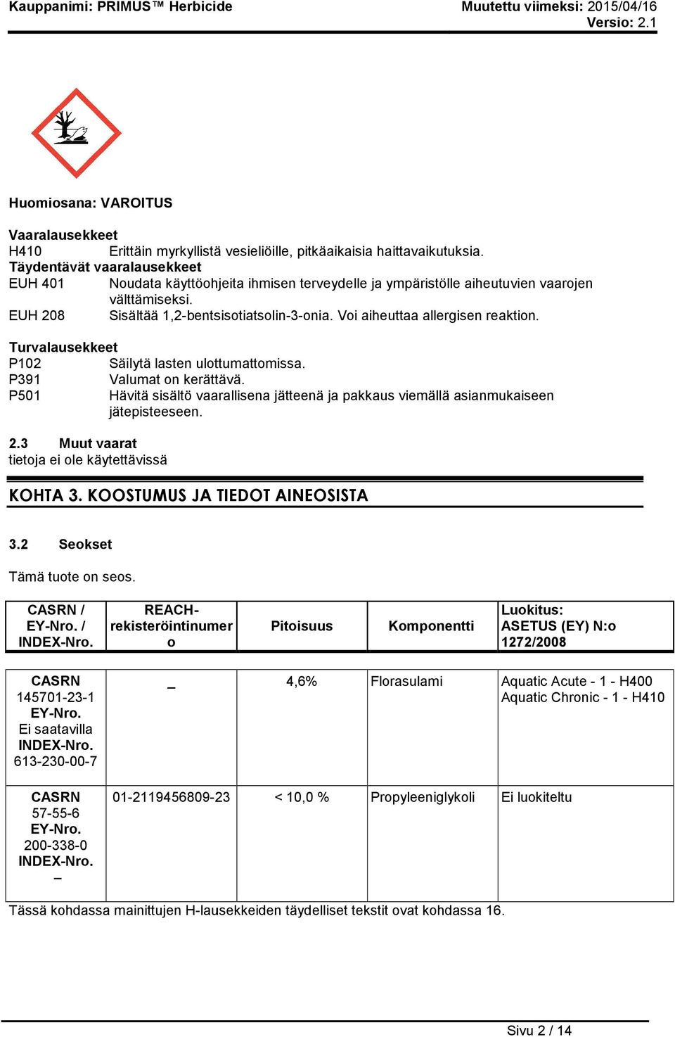 Voi aiheuttaa allergisen reaktion. Turvalausekkeet P102 Säilytä lasten ulottumattomissa. P391 Valumat on kerättävä.