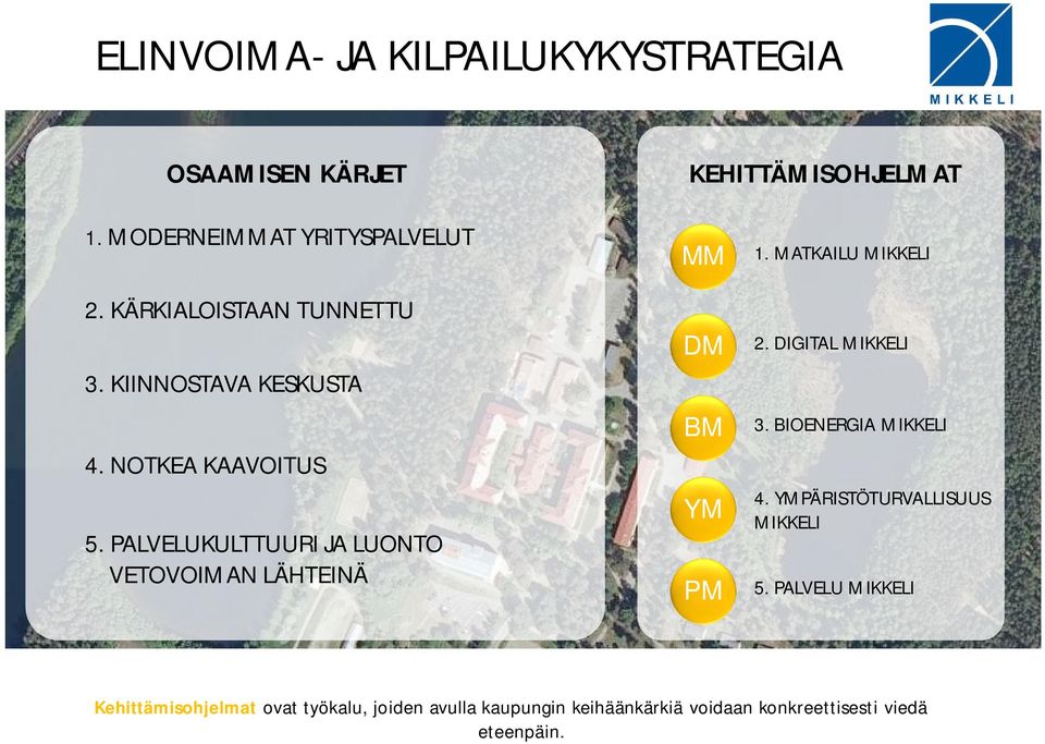 PALVELUKULTTUURI JA LUONTO VETOVOIMAN LÄHTEINÄ MM DM BM YM PM 1. MATKAILU MIKKELI 2. DIGITAL MIKKELI 3.