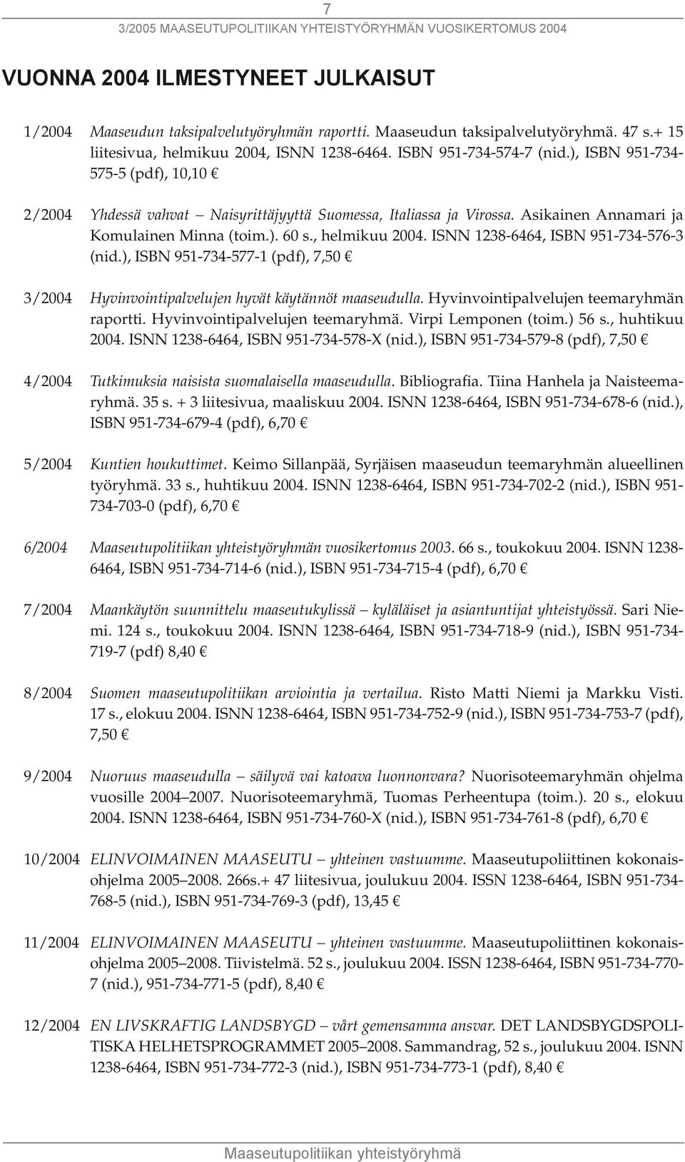 ISNN 1238-6464, ISBN 951-734-576-3 (nid.), ISBN 951-734-577-1 (pdf), 7,50 3/2004 Hyvinvointipalvelujen hyvät käytännöt maaseudulla. Hyvinvointipalvelujen teemaryhmän raportti.