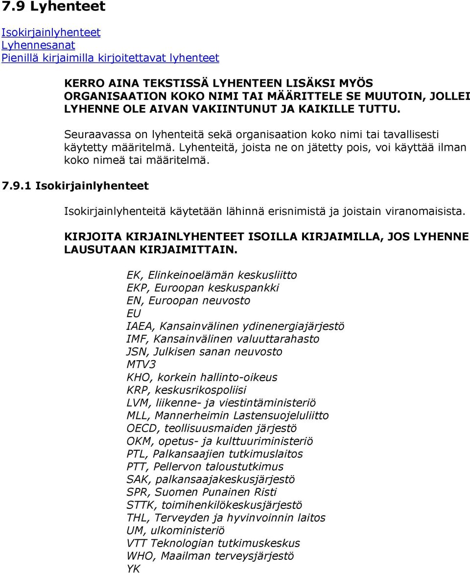 Lyhenteitä, joista ne on jätetty pois, voi käyttää ilman koko nimeä tai määritelmä. 7.9.1 Isokirjainlyhenteet Isokirjainlyhenteitä käytetään lähinnä erisnimistä ja joistain viranomaisista.