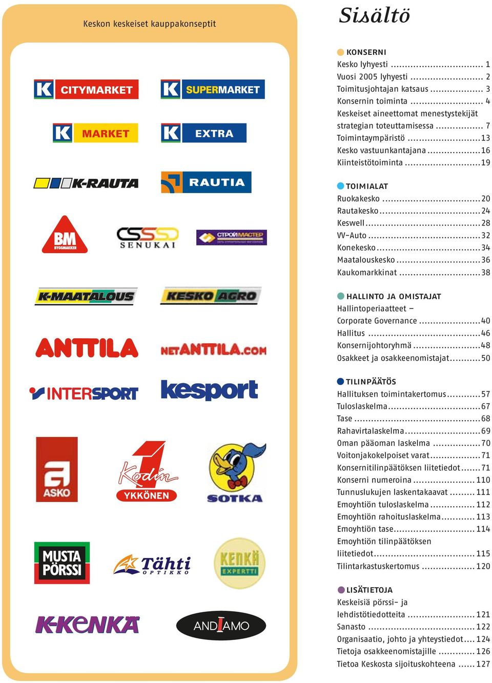 ..28 VV-Auto...32 Konekesko...34 Maatalouskesko...36 Kaukomarkkinat...38 hallinto ja omistajat Hallintoperiaatteet Corporate Governance...40 Hallitus...46 Konsernijohtoryhmä.