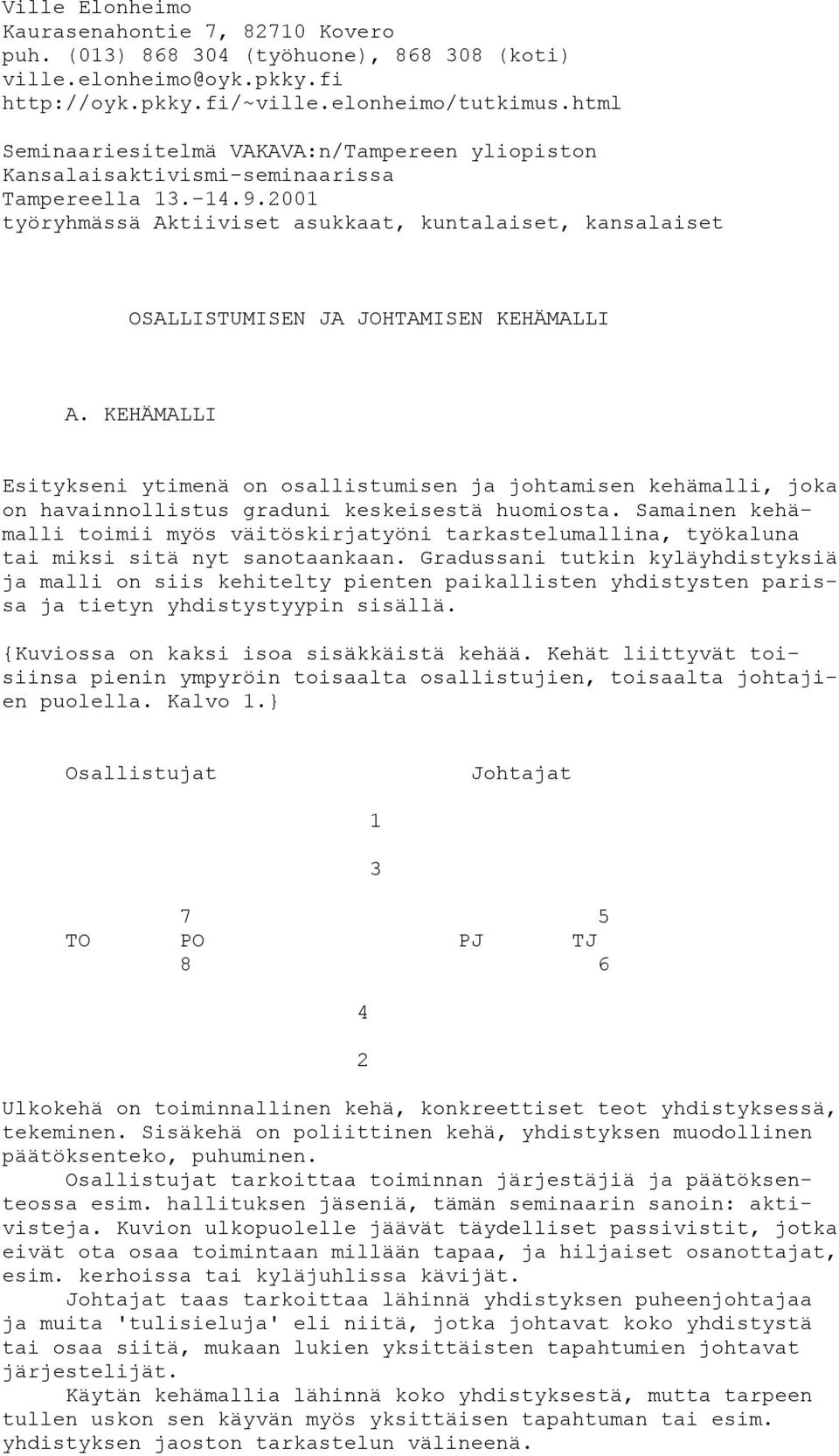 2001 työryhmässä Aktiiviset asukkaat, kuntalaiset, kansalaiset OSALLISTUMISEN JA JOHTAMISEN KEHÄMALLI A.