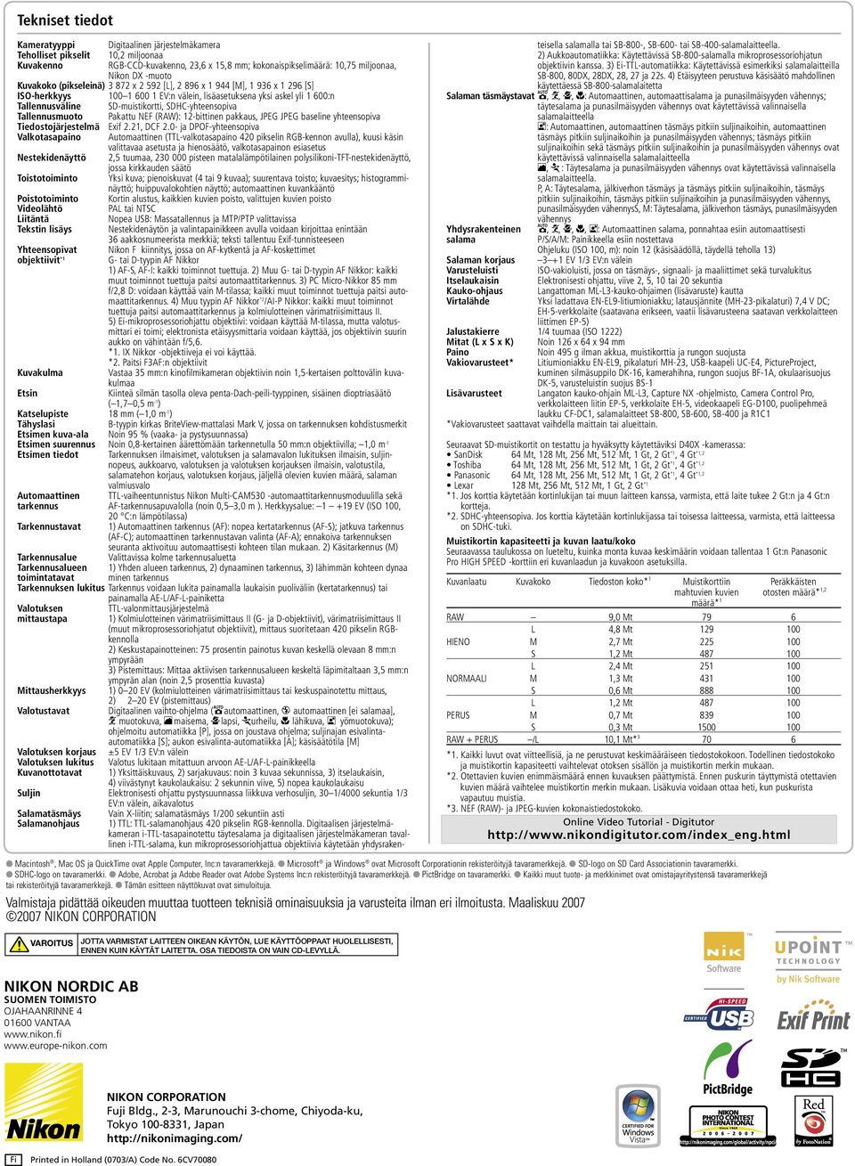 SDHC-yhteensopiva Tallennusmuoto Pakattu NEF (RAW): 12-bittinen pakkaus, JPEG JPEG baseline yhteensopiva Tiedostojärjestelmä Exif 2.21, DCF 2.