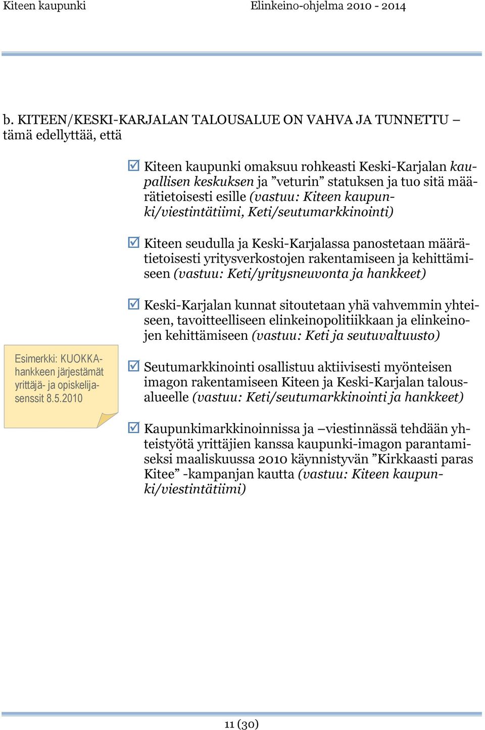 Keti/yritysneuvonta ja hankkeet) Keski-Karjalan kunnat sitoutetaan yhä vahvemmin yhteiseen, tavoitteelliseen elinkeinopolitiikkaan ja elinkeinojen kehittämiseen (vastuu: Keti ja seutuvaltuusto)