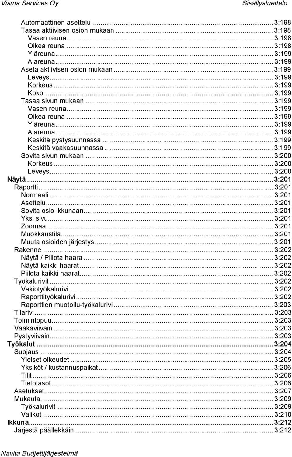 .. 3:199 Keskitä vaakasuunnassa... 3:199 Sovita sivun mukaan... 3:200 Korkeus... 3:200 Leveys... 3:200 Näytä... 3:201 Raportti... 3:201 Normaali... 3:201 Asettelu... 3:201 Sovita osio ikkunaan.