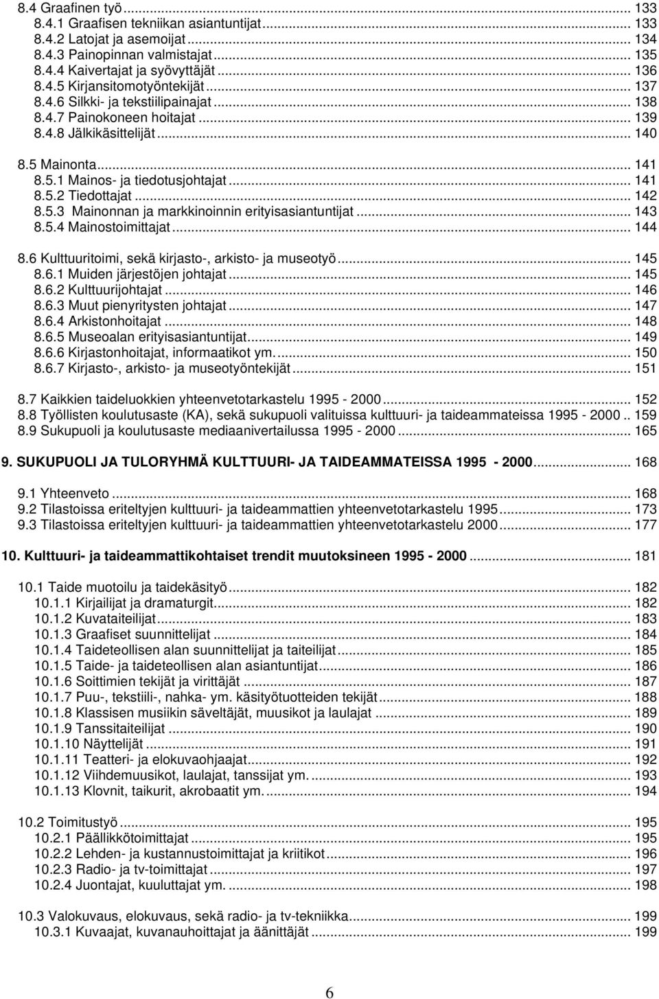 5.3 Mainonnan ja markkinoinnin erityisasiantuntijat... 143 8.5.4 Mainostoimittajat... 144 8.6 Kulttuuritoimi, sekä kirjasto-, arkisto- ja museotyö... 145 8.6.1 Muiden järjestöjen johtajat... 145 8.6.2 Kulttuurijohtajat.