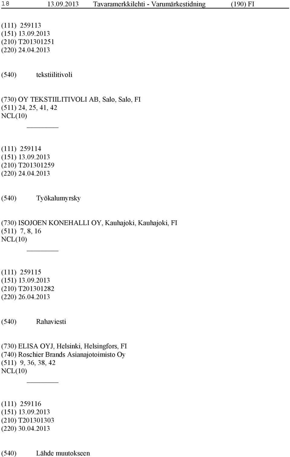 2013 Työkalumyrsky (730) ISOJOEN KONEHALLI OY, Kauhajoki, Kauhajoki, FI (511) 7, 8, 16 (111) 259115 (210) T201301282 (220) 26.04.