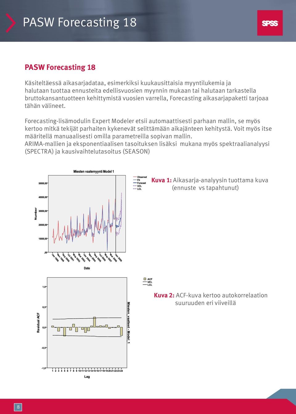 Forecasting-lisämodulin Expert Modeler etsii automaattisesti parhaan mallin, se myös kertoo mitkä tekijät parhaiten kykenevät selittämään aikajänteen kehitystä.