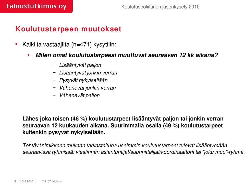 lisääntyvät paljon tai jonkin verran seuraavan 12 kuukauden aikana. Suurimmalla osalla (49 %) koulutustarpeet kuitenkin pysyvät nykyisellään.