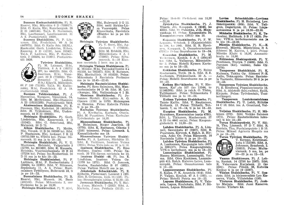 Tal.h. F. Laitinen, Hki, P. Roobertink. 2 (28484, ko 21901). Postisiirtotili 592,0. Työväen Shakkiliitfo. PJ. M. Laisaari, H:ki, ~ 'l'öölönk. 8 A 8 (10371/ 2'07, ko 444323). Siht. O.