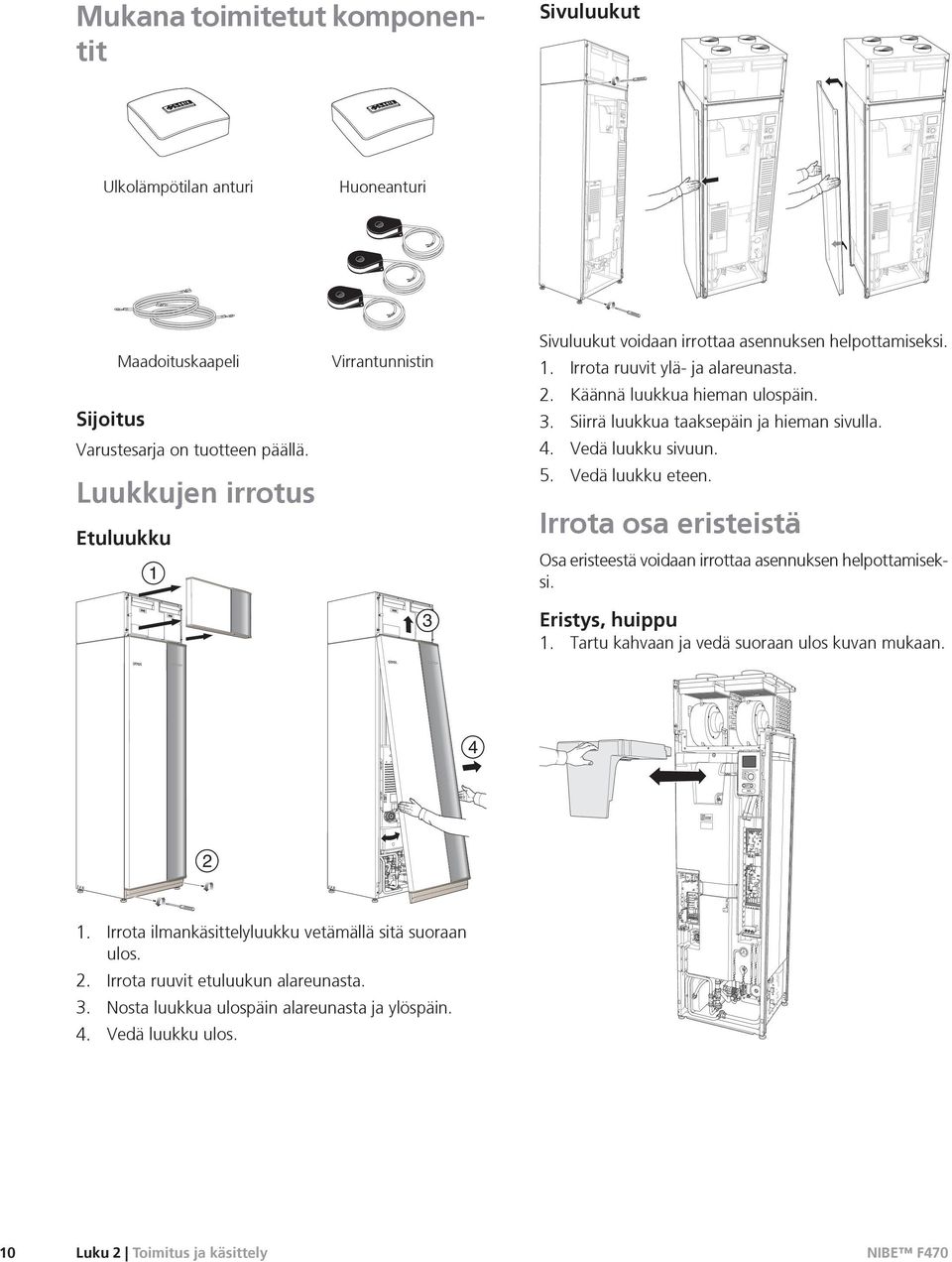 4. Vedä luukku sivuun. 5. Vedä luukku eteen. Irrota osa eristeistä Osa eristeestä voidaan irrottaa asennuksen helpottamiseksi. Eristys, huippu 1. Tartu kahvaan ja vedä suoraan ulos kuvan mukaan.